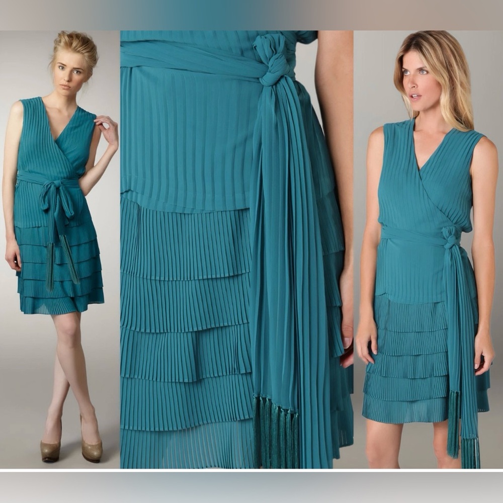 Diane Von Furstenberg Solenn Fringe Tie Pleated Teal Wrap Dress 10 $585